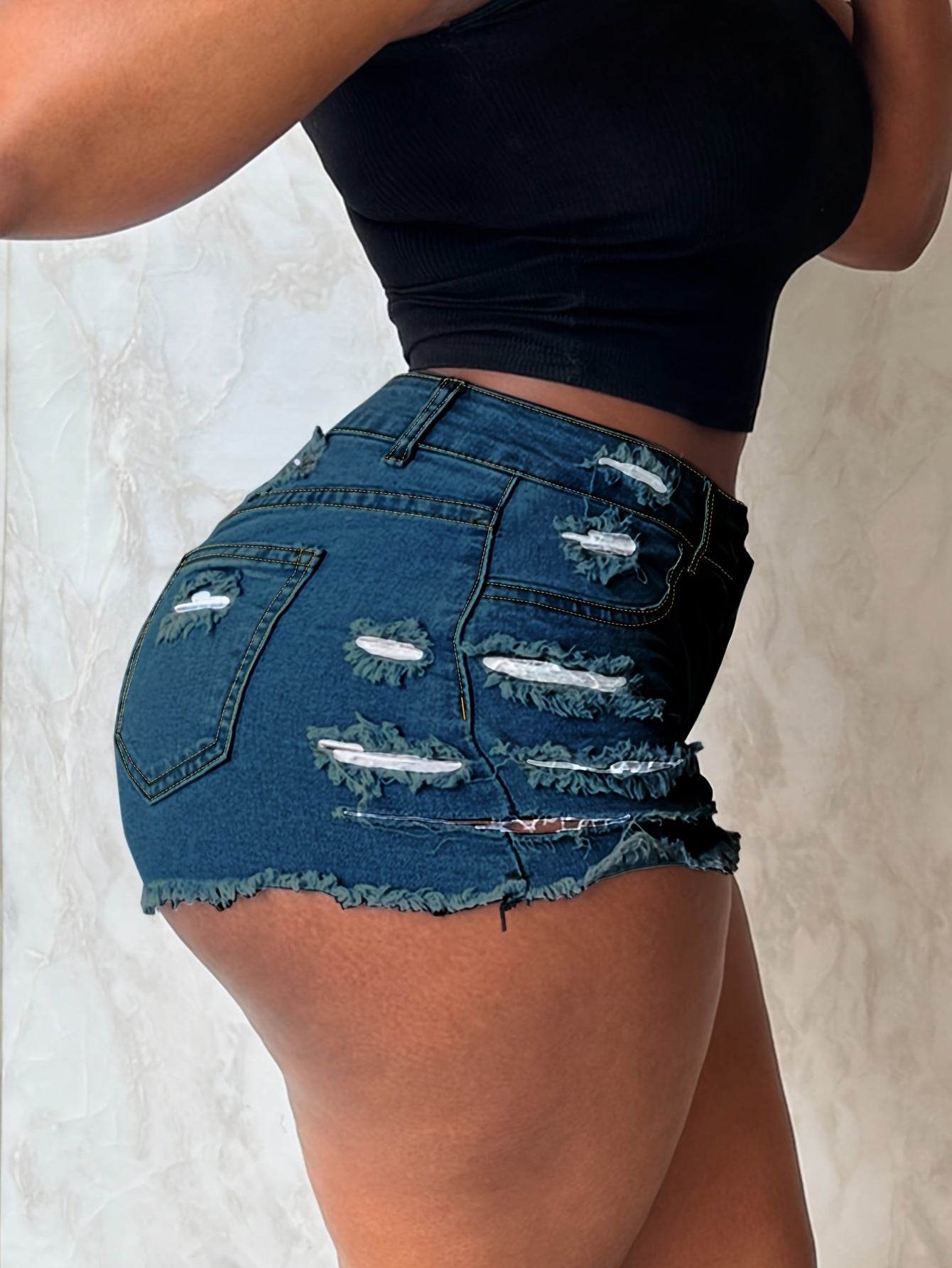 Ripped Raw Hem Denim Shorts, Distressed Washed Blue Denim Shorts, Women's Denim Jeans & Clothing