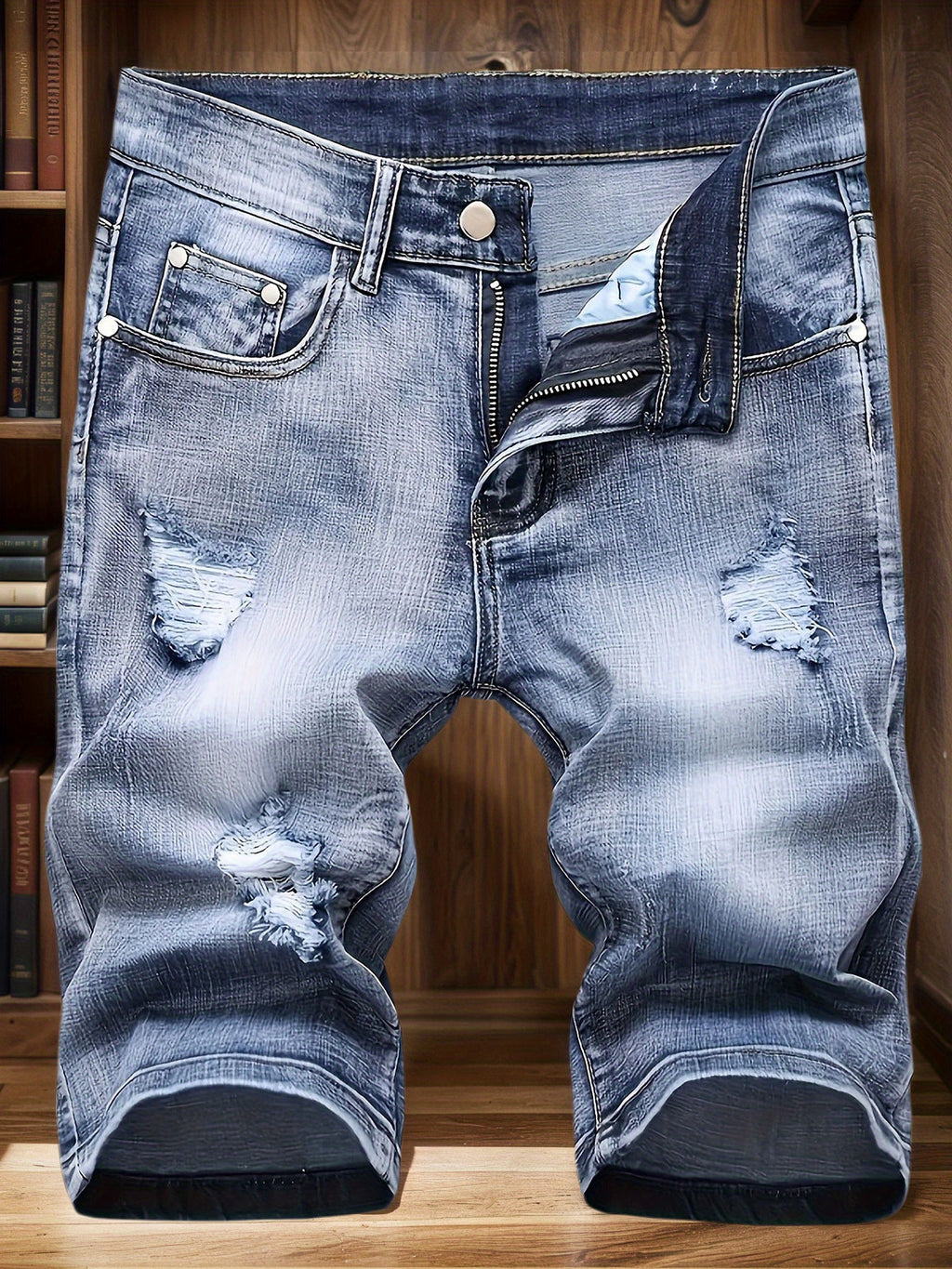 Ripped And Stretchy Men's Mid- Length Shorts Summer - Distressed Washed Jeans - Straight Leg Durable Fabric - Men's Street Style Shorts - Tight- Fitting And Worn- Out Men's Pants