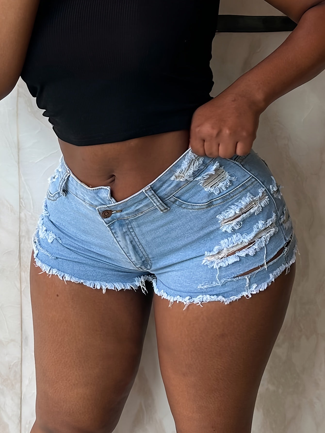 Ripped Raw Hem Denim Shorts, Distressed Washed Blue Denim Shorts, Women's Denim Jeans & Clothing
