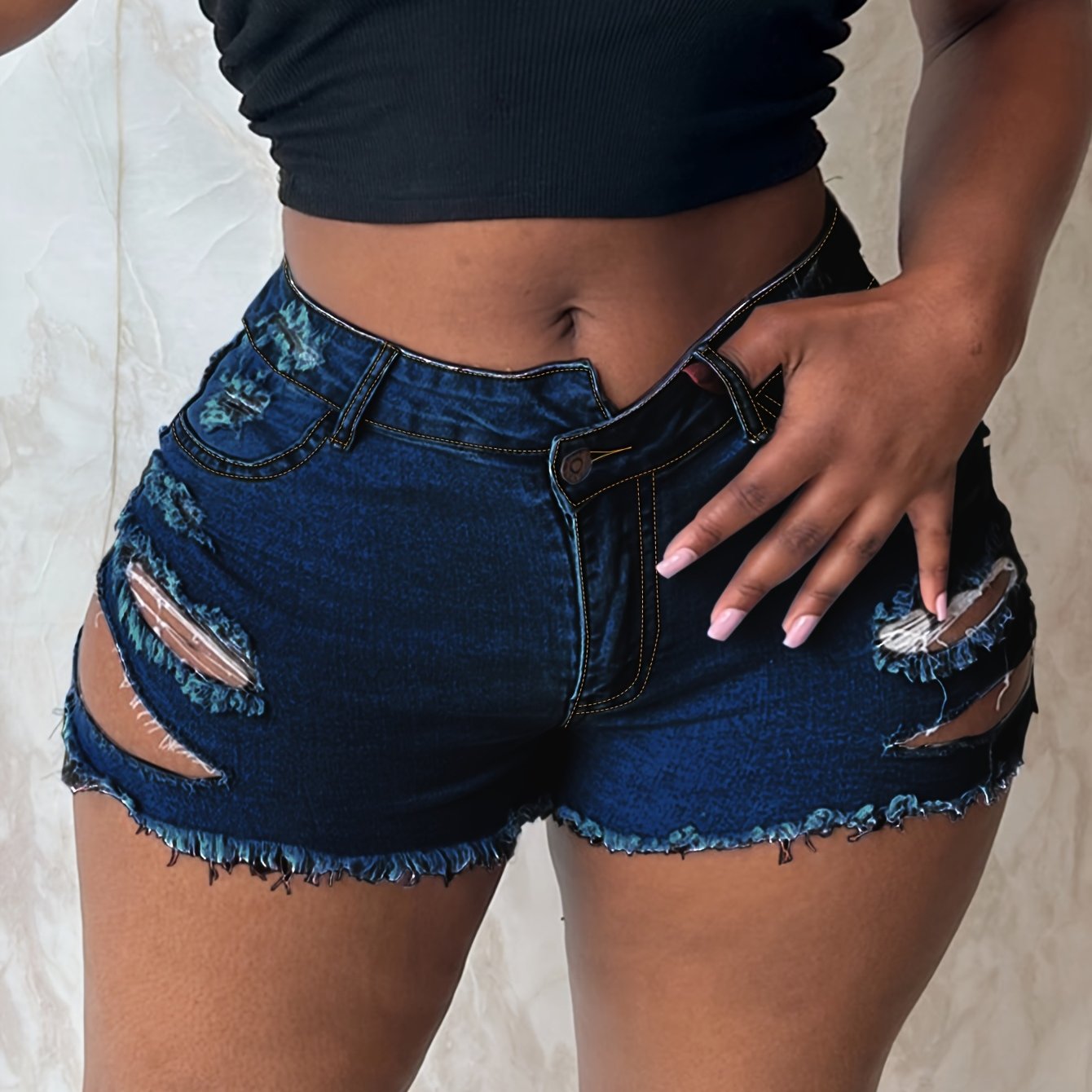 Ripped Raw Hem Denim Shorts, Distressed Washed Blue Denim Shorts, Women's Denim Jeans & Clothing