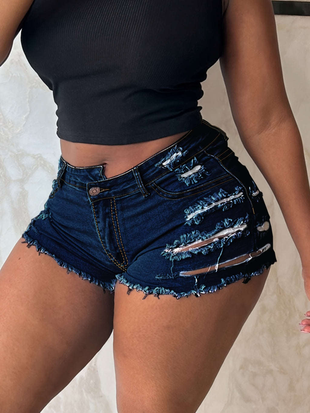Ripped Raw Hem Denim Shorts, Distressed Washed Blue Denim Shorts, Women's Denim Jeans & Clothing