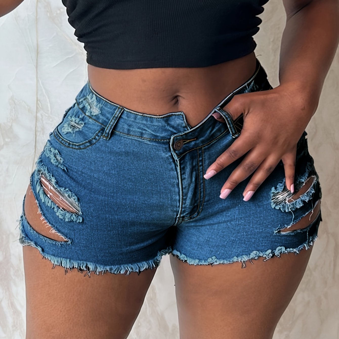 Ripped Raw Hem Denim Shorts, Distressed Washed Blue Denim Shorts, Women's Denim Jeans & Clothing