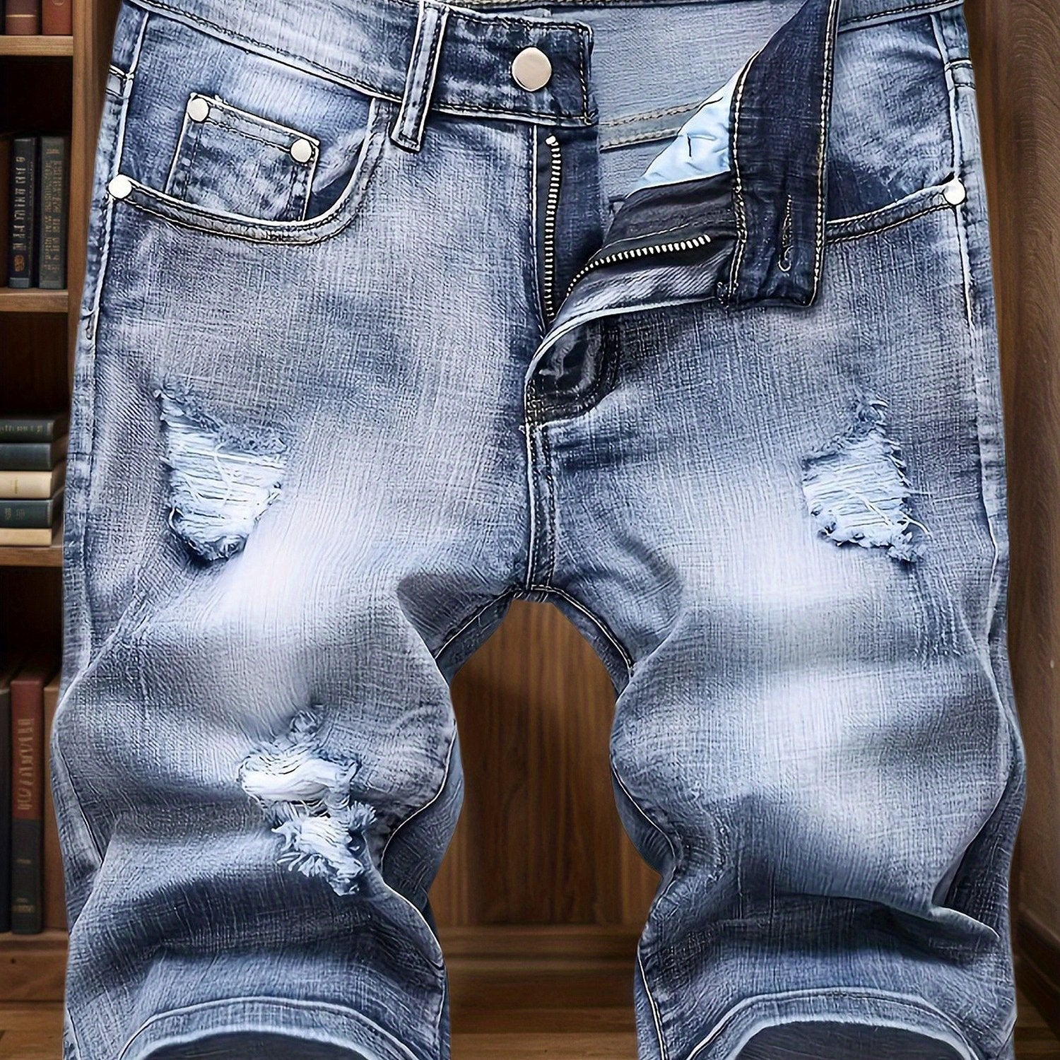 Ripped And Stretchy Men's Mid- Length Shorts Summer - Distressed Washed Jeans - Straight Leg Durable Fabric - Men's Street Style Shorts - Tight- Fitting And Worn- Out Men's Pants
